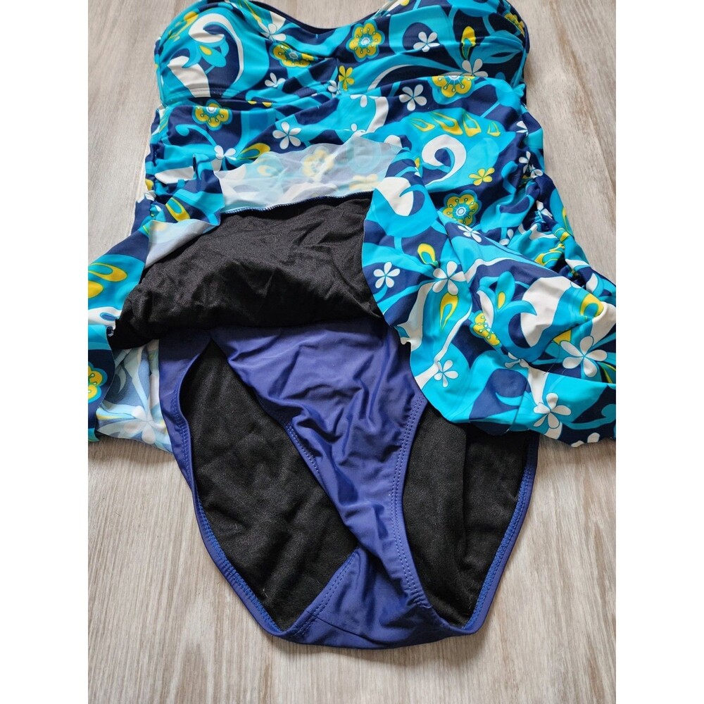 Sunshine Zone One Piece Swim Dress Blue Yellow Floral Adjustable Strap Sz 1X EUC - Picture 7 of 7